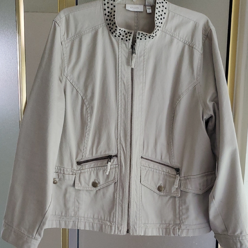 Chico's Light Khaki Utility Jacket with Polka Dot Collar
